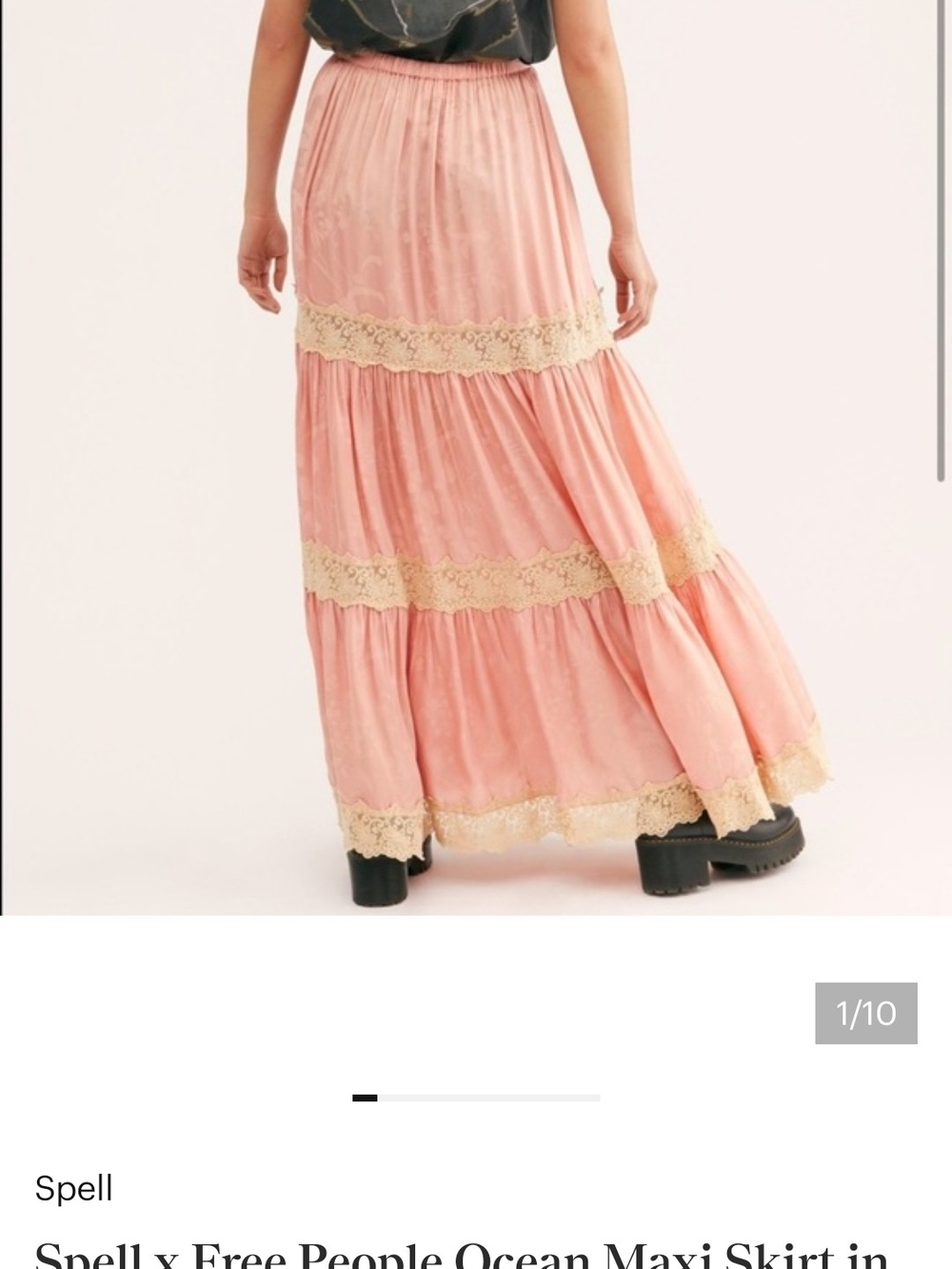 Spell Free People blush pink maxi skirt with cream lace trim